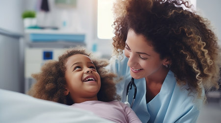 portrait of curly pretty woman pediatric doctor looking at small child girl and smiling. doctor supports kid patient. health care conceptの素材