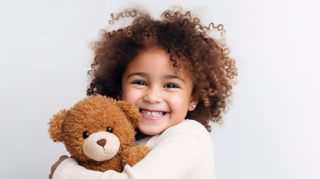 portrait of little curly smiling kid girl hugging teddy bear on white background with copy space. toddler embracing her toy bearの素材