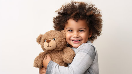 portrait of little curly smiling kid boy hugging teddy bear on white background with copy space. toddler embracing his toy bearの素材