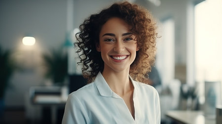 portrait of attractive friendly smiling young curly female doctor against the background of hospital. woman family doctor waiting patient for consultation on clinik smiling and looking at cameraの素材