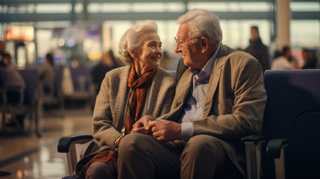 Happy modern luxury elderly senior couple of travelers with suitcase in airport. elegant aged man and woman waiting to board a flight together at international airport. Travel abroad.の素材