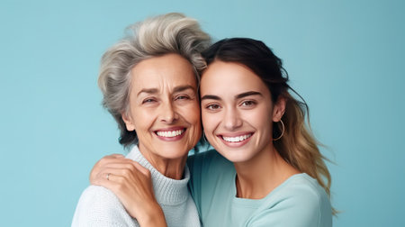 Affectionate loving middle-aged Caucasian mother hugs her adult child daughter on a blue background and looks at the camera. beautiful senior mother and her adult daughter hugging and smilingの素材