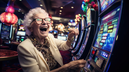 crazy Portrait of old pensioner woman dressed in elegant evening wear wins at a casino in Las Vegas. AI.の素材