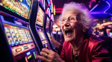 crazy Portrait of old pensioner woman dressed in elegant evening wear wins at a casino in Las Vegas. AI.の素材