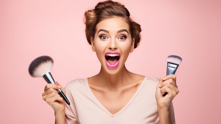 Closeup Beauty portrait of an excited beautiful woman holding makeup brushes near face on bright pink background with copy space. AIの素材