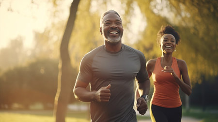 Sporty adults Black Guy And Girl couple exercising Jogging Together outdoors. Full-Length Shot With Free Space. Morning Run on green parkの素材
