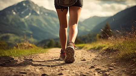 close-up of the leg of men or women in sports shoes for sports and travel walking along a forest path in the mountains in summer. perspective with an emphasis on hiking shoes. active lifestyle aloneの素材