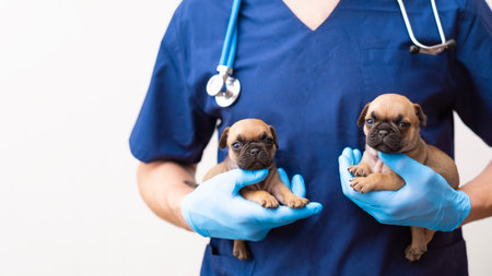 Cropped image of handsome male veterinarian doctor with stethoscope holding two cute happy funny pug puppies in arms in veterinary clinic on white background. banner copy space.の写真素材