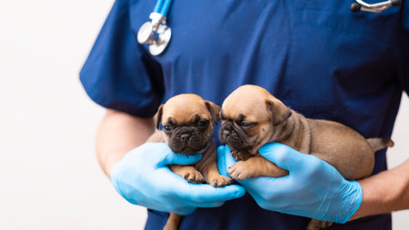 Cropped image of handsome male veterinarian doctor with stethoscope holding two cute happy funny pug puppies in arms in veterinary clinic on white background. banner copy space.の写真素材