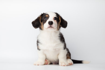 Welsh Corgi Cardigan cute fluffy dog puppy. funny happy animals on white background with copy spaceの写真素材
