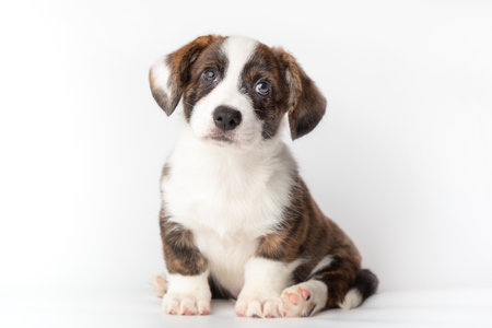 Welsh Corgi Cardigan cute fluffy dog puppy. funny happy animals on white background with copy spaceの写真素材