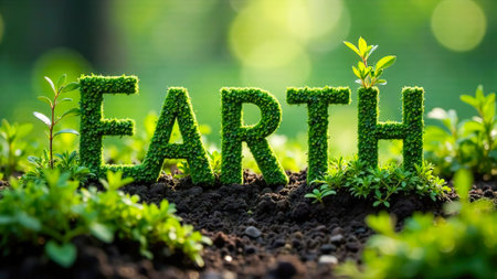 sign Earth Day made by grass and trees. Earth Day ecology banner background. Save the planet, Environmental Protection, Green concept illustrationの素材