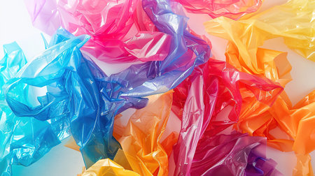 banner with multicolored rainbow plastic bag on white background with copy space. recycling concept. mockup for textの素材