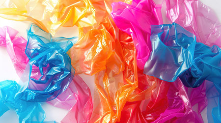 banner with multicolored rainbow plastic bag on white background with copy space. recycling concept. mockup for textの素材