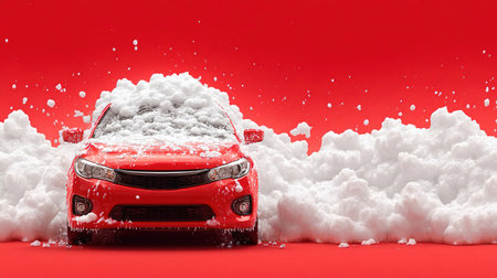 red modern car in foam on a car wash on a red background with copy space. car care banner with place for text. no people .cleaningの素材