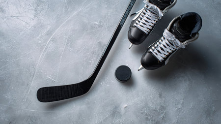 Hockey background with skates, stick, and puck on scratched ice. Sports background with space for text and banner. mockup top viewの素材