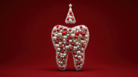 Merry Christmas and Happy New Year card for a dental clinic. A tooth made of white fir branches and baubles on a red background with space for text. Christmas tree stomatologyの素材