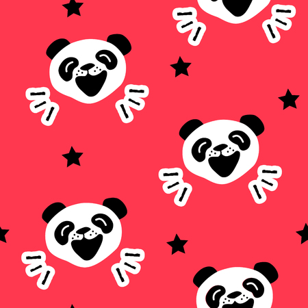Seamless pattern with funny panda and black stars. Vector background.のイラスト素材
