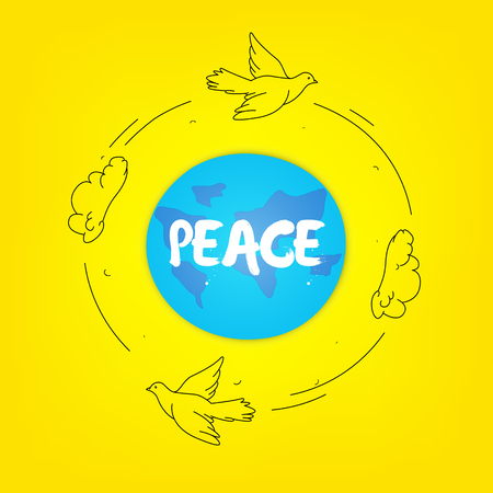 Globe with pigeons and clouds. Earth Day. vector cardのイラスト素材