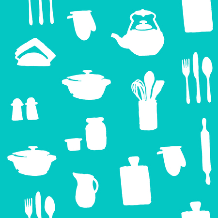 Seamless pattern with silhouettes of kitchen utensils on a blue background. Vectorのイラスト素材