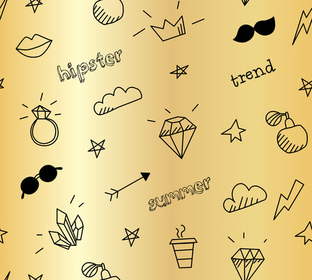 Vector seamless pattern with old school tattoo elements. Hipster style. Gold backgroundのイラスト素材