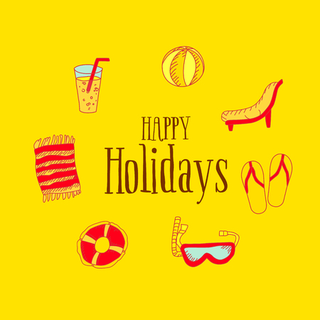 Happy Holidays Card with summer linear icons. Vector illustrationのイラスト素材