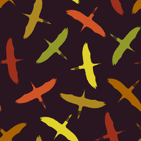 Seamless  pattern with color silhouettes of ?ranes birds. Vector autumn background.のイラスト素材