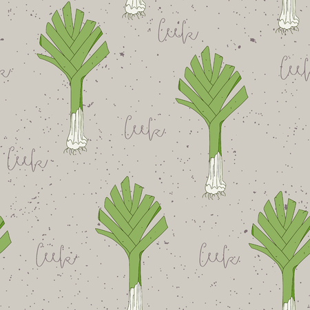 Hand drawn seamless pattern with leek. Colorful vector illustrationのイラスト素材
