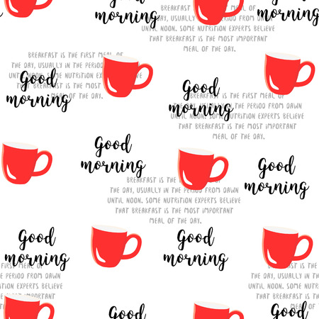 Breakfast seamless pattern. Vector illustration with text  and cup of coffeeのイラスト素材