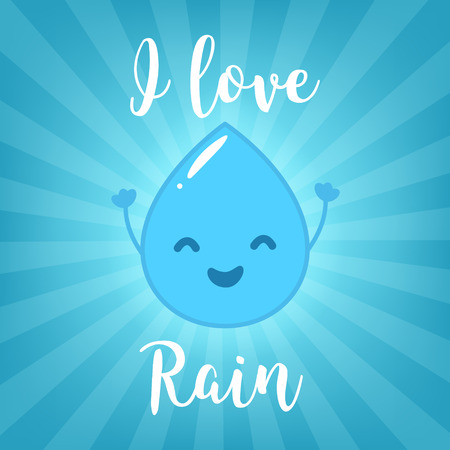 Vector background with fun raindrop and calligraphic inscription I love Rain. Flat cartoon style.のイラスト素材