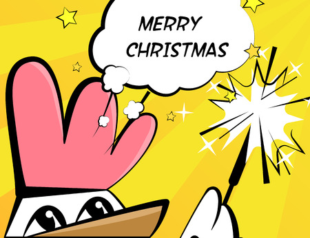 Merry Christmas vector illustration with rooster, sparkler and text cloud. Comics styleのイラスト素材