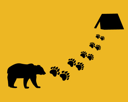 Bear comes to the camp.
Paw trail and tent. Flat style.のイラスト素材