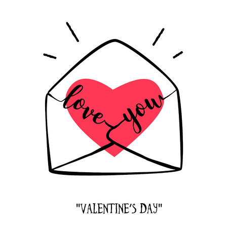 Valentine's day card in doodle style. Hand-drawn envelope with heart and lettering. Vectorのイラスト素材