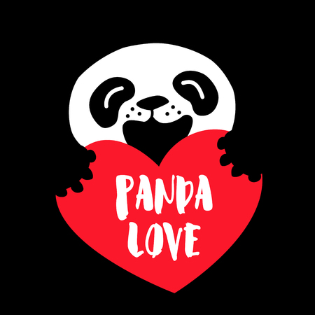 Panda Love. Cartoon bear and big red heart on black background. Vectorのイラスト素材
