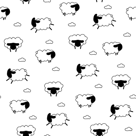 Seamless pattern with graphic sheep and clouds. Vector  background.のイラスト素材