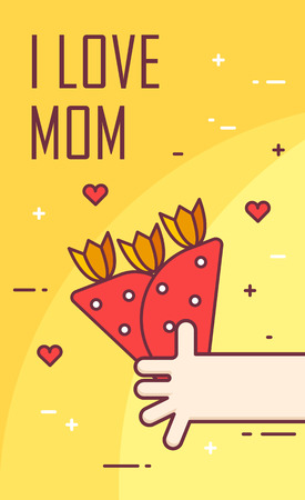 Hand gives a bouquet of flowers. Thin line flat design greeting card. International Women's Day. Vector banner.のイラスト素材