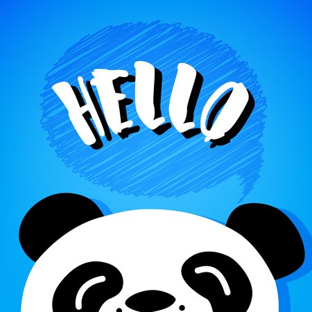 Panda says Hello. Cartoon bear on blue background. Vector card.のイラスト素材