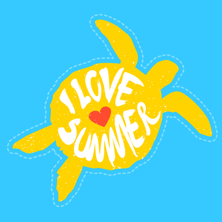 Silhouette of turtle with heart and lettering I Love Summer. Vector illustration.のイラスト素材
