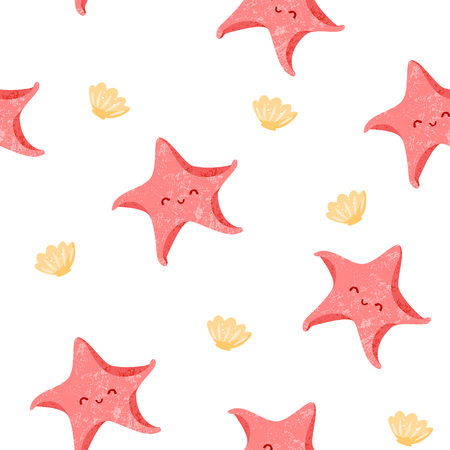 Sea pattern with cute starfish and shells. Flat style. Ornament for textile and wrapping. Vector.のイラスト素材