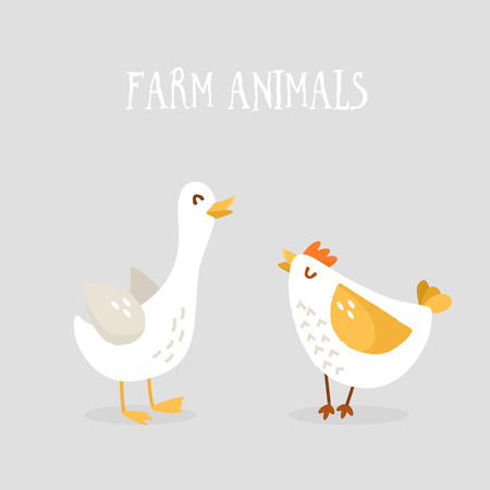 Cute cartoon chicken and goose on gray background. Farm animals. Flat design. Vector.のイラスト素材