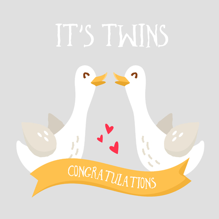 Happy birthday card with cartoon geese and ribbon. It's Twins. Flat design. Vector.のイラスト素材
