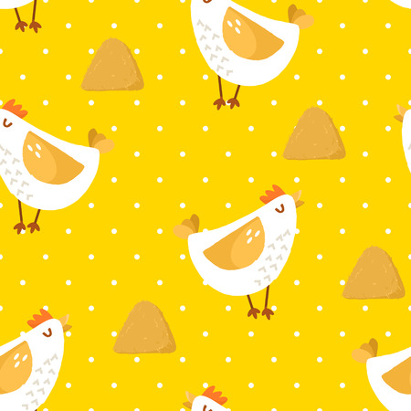 Seamless pattern in polka dot with cartoon chicken and haystack on yellow background. Ornament for textile and wrapping.のイラスト素材