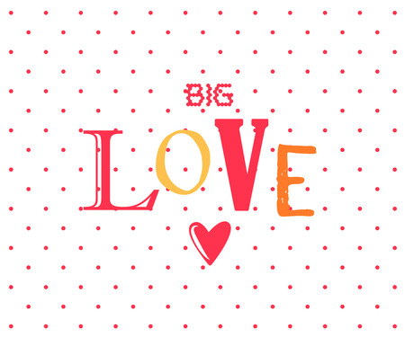 Love postcard with cartoon letters and heart on white background with polka dots. Vector poster.のイラスト素材