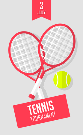 Summer sport banner with rackets and tennis ball on gray background. Flat style. Vector.のイラスト素材
