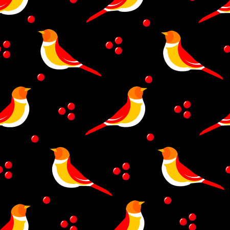 Seamless pattern with abstract bird and berries on black background. Vector illustration.のイラスト素材