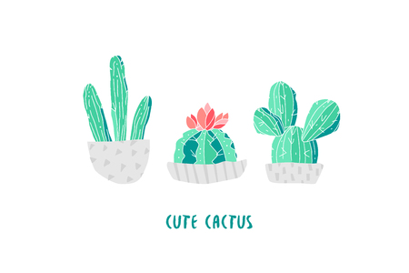 Botanical card with cute cacti on white background. Succulent in doodle style. Vector.のイラスト素材