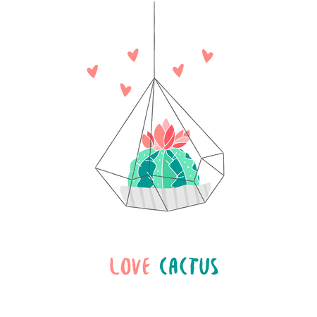 Botanical card with cute cactus in florarium and hearts on white background. Succulent in doodle style. Vector.のイラスト素材