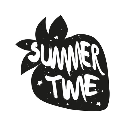Silhouette of strawberry with lettering text Summer time. Vector sticker.のイラスト素材