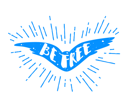 Silhouette of bird with rays and lettering text Be Free. Vector color label.のイラスト素材