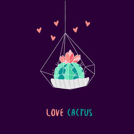 Botanical card with cute cactus in florarium and hearts on black background. Succulent in doodle style. Vector.のイラスト素材